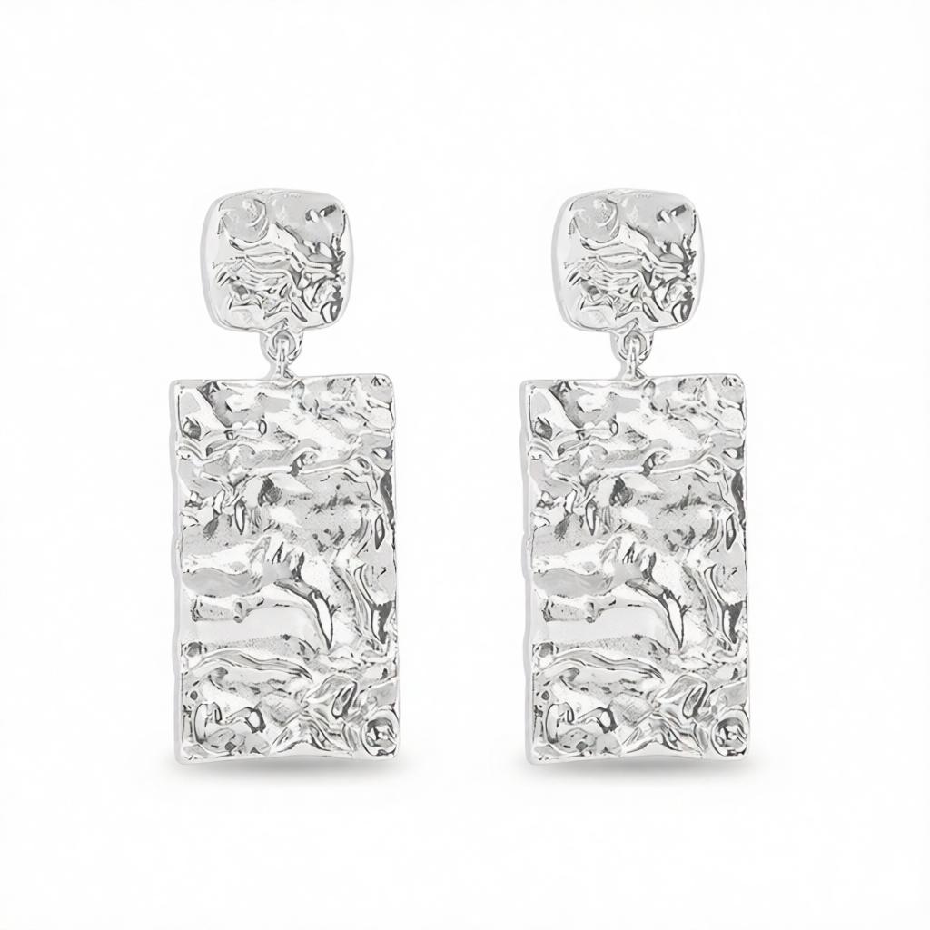 Silver-Plated Textured Rectangle Drop Earrings