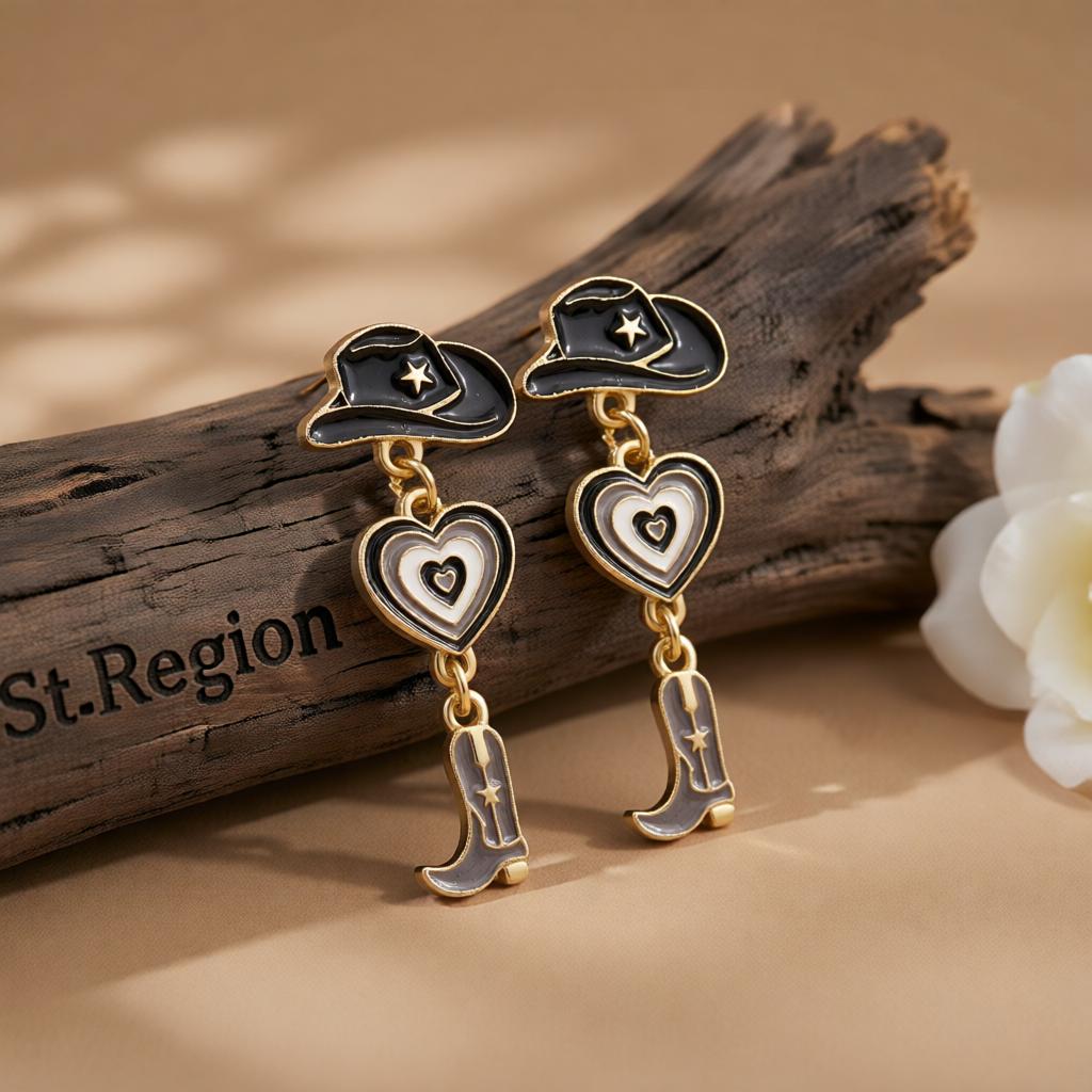 Black Enamel & 18K Gold-Plated Cowgirl Heart Drop Earrings