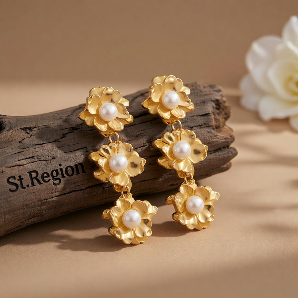 Pearl & 18K Gold-Plated Flower Drop Earrings