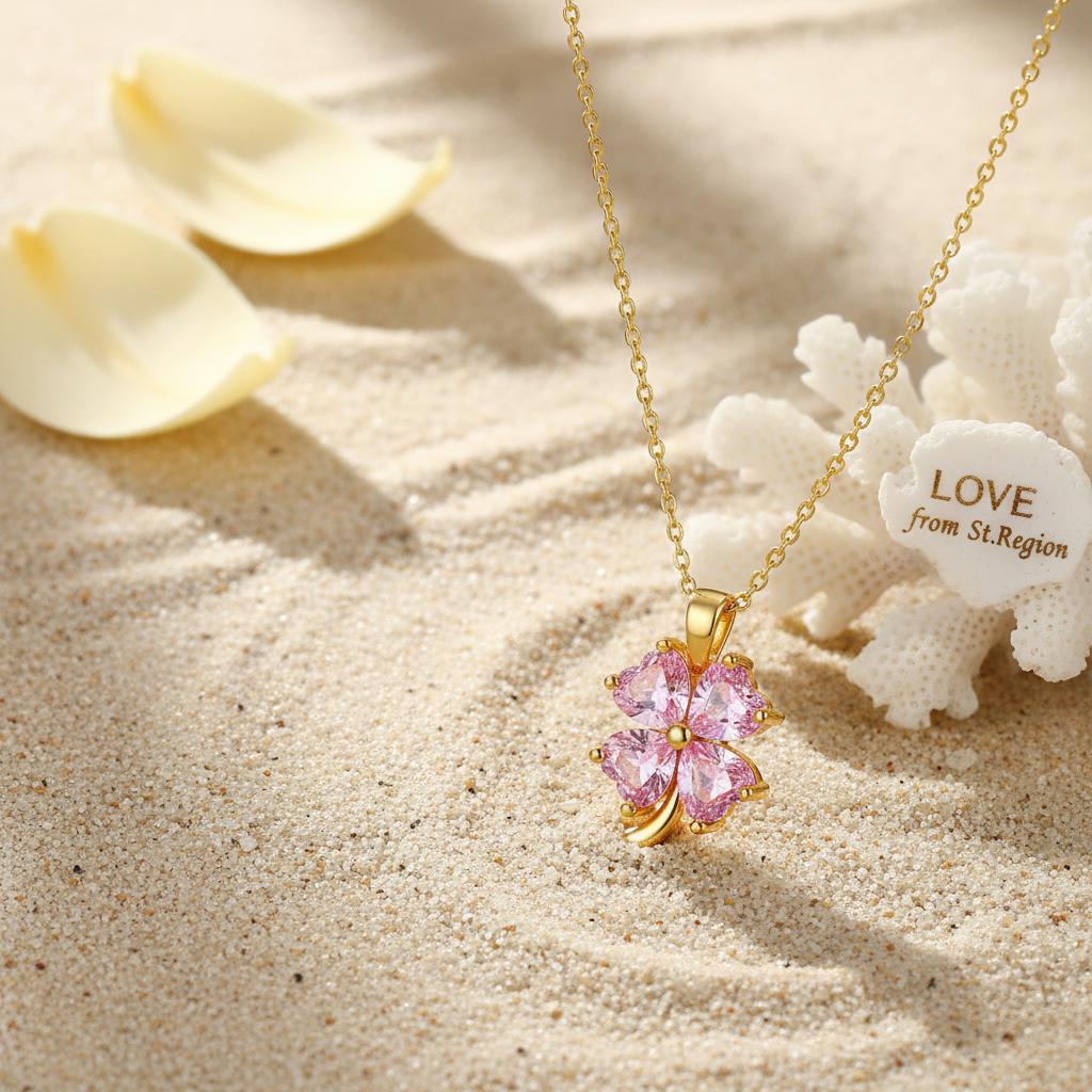 Pink Crystal & 18K Gold-Plated Heart Clover Pendant Necklace