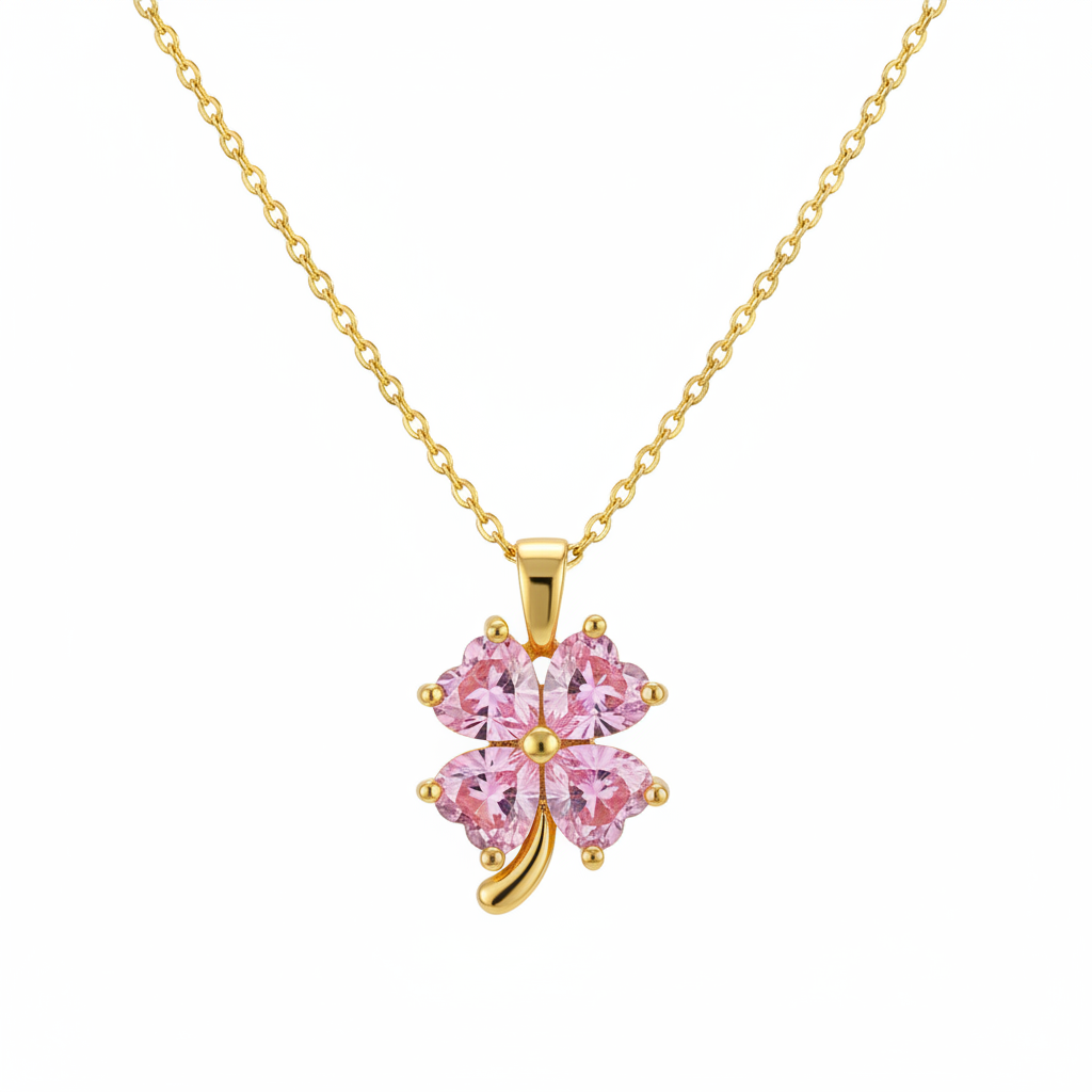 Pink Crystal & 18K Gold-Plated Heart Clover Pendant Necklace