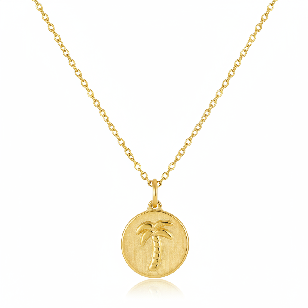 18K Gold-Plated Palm Tree Round Pendant Necklace