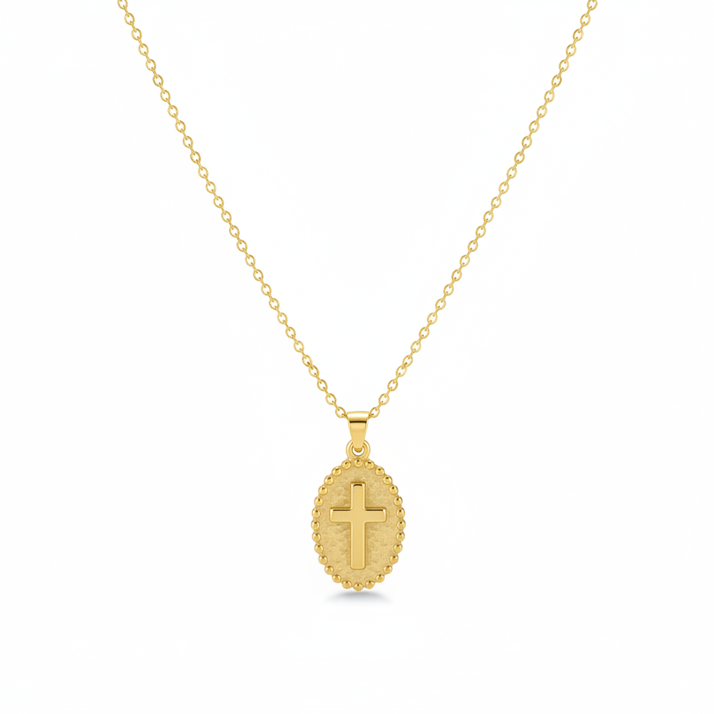 18K Gold-Plated Oval Cross Pendant Necklace