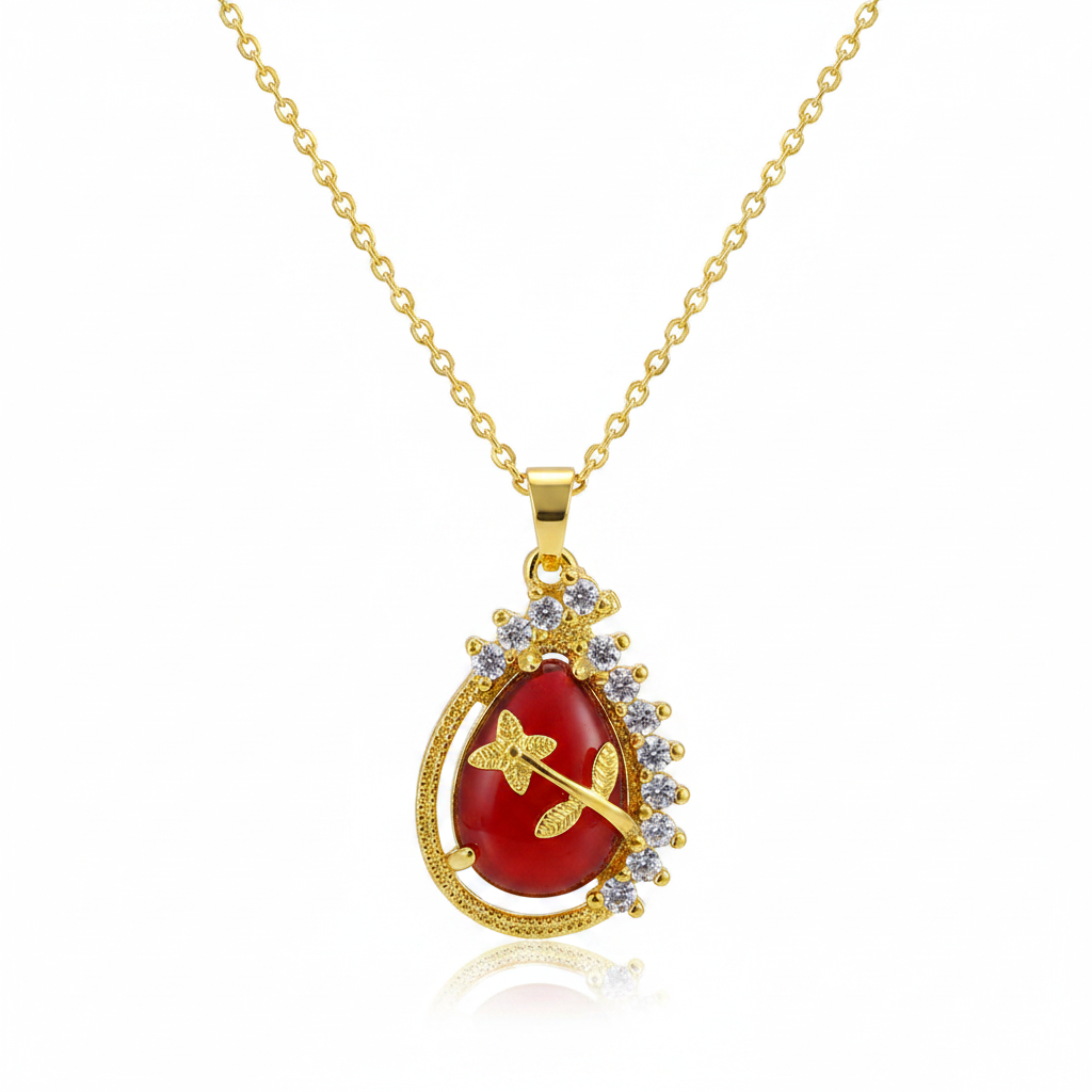 Red Quartz & 18K Gold-Plated Botanical Drop Pendant Necklace