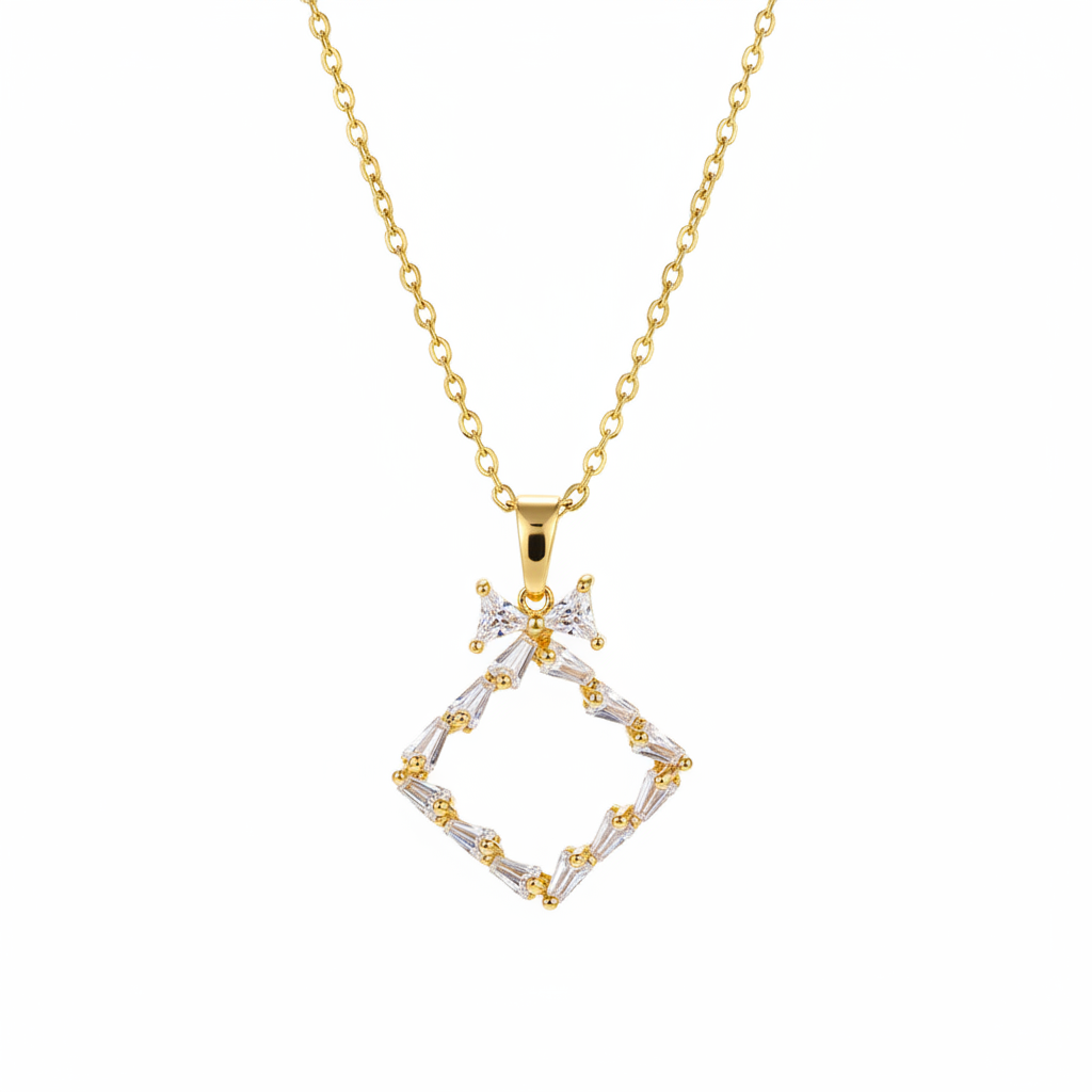 Crystal & 18K Gold-Plated Bow Rhombus Pendant Necklace