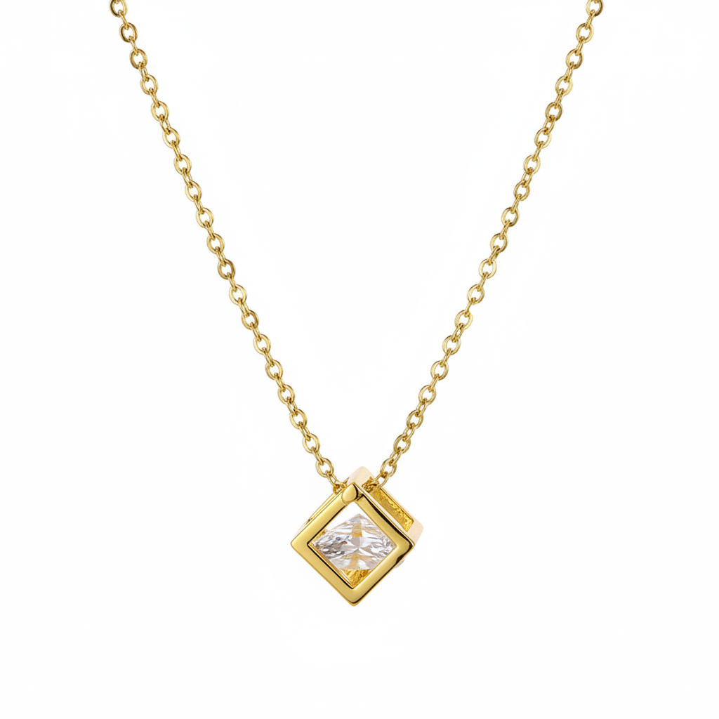 Cubic Zirconia & 18K Gold-Plated Cube Pendant Necklace