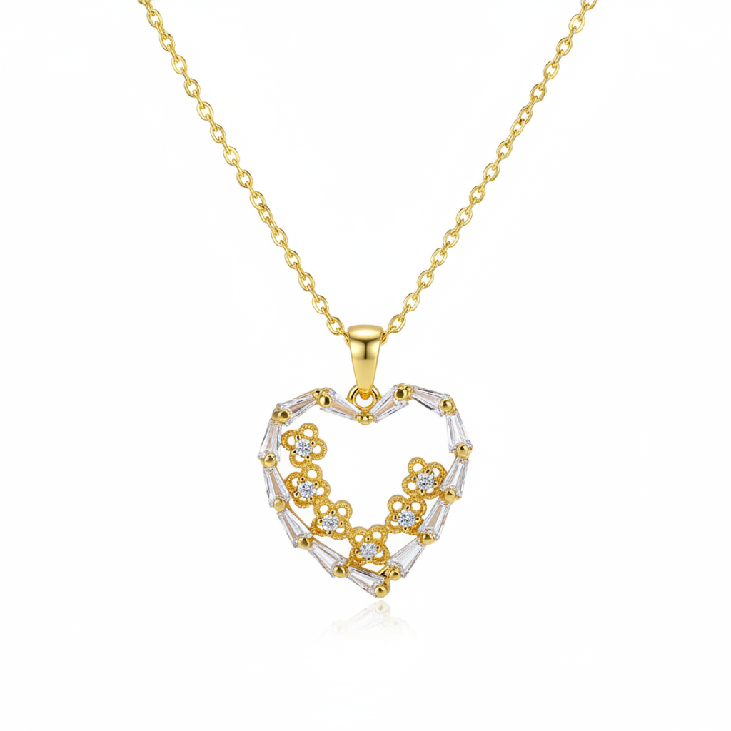 Clear Cubic Zirconia & 18K Gold-Plated Floral Heart Pendant Necklace