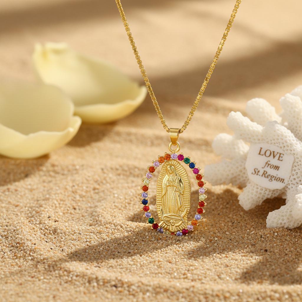 Red Cubic Zirconia & 18K Gold-Plated Mary Pendant Necklace