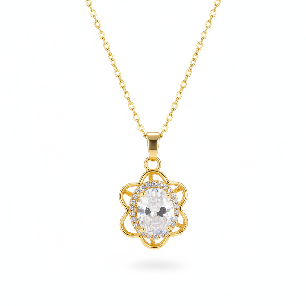Crystal & Cubic Zirconia 18K Gold-Plated Oval Flower Pendant Necklace