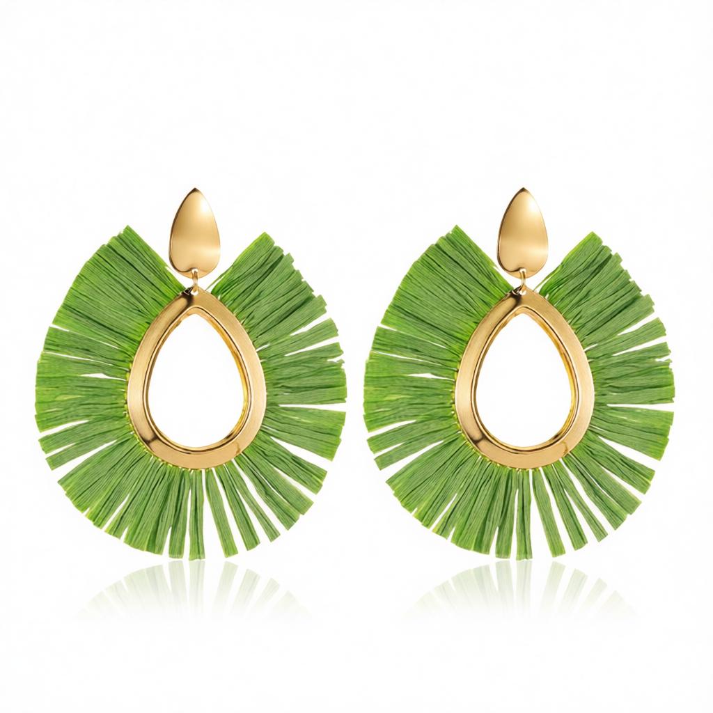 Green Raffia & 18K Gold-Plated Drop Earrings