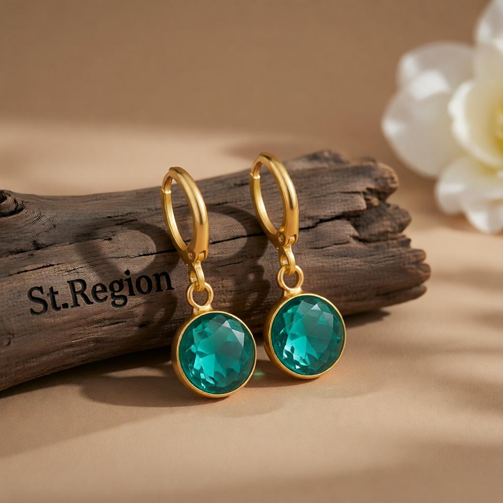 Dark Green Crystal & 18K Gold-Plated Round Huggie Earrings