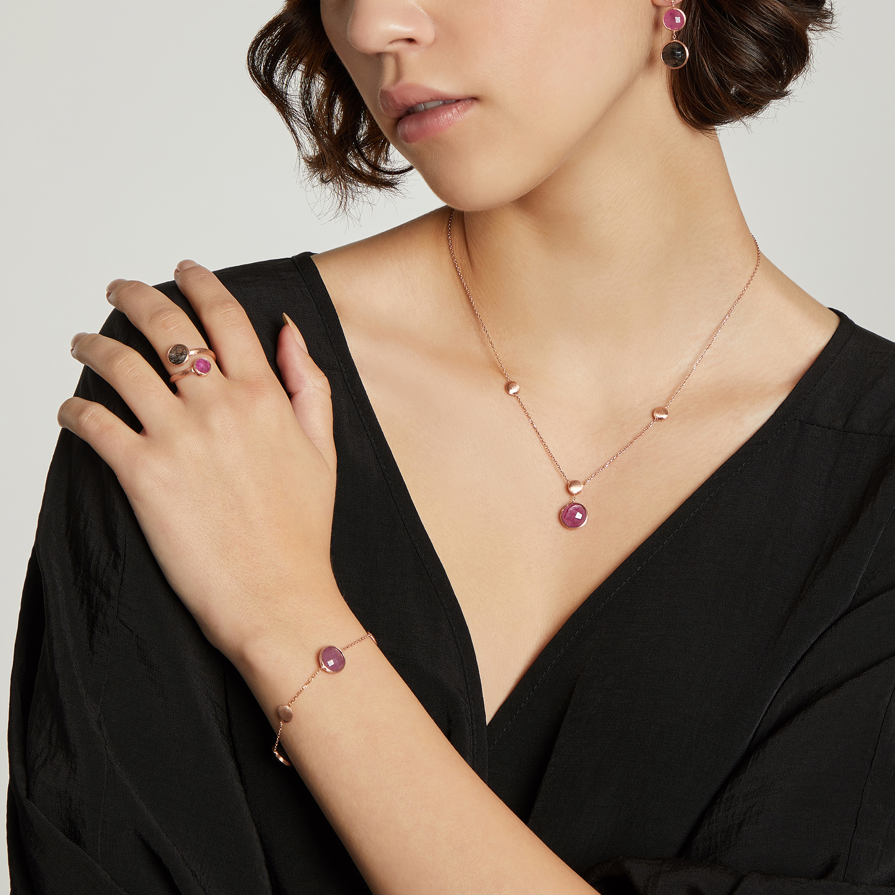 Kensington Ring In 14K Satin Rose God with Black Rutilated Quartz and Ruby Root