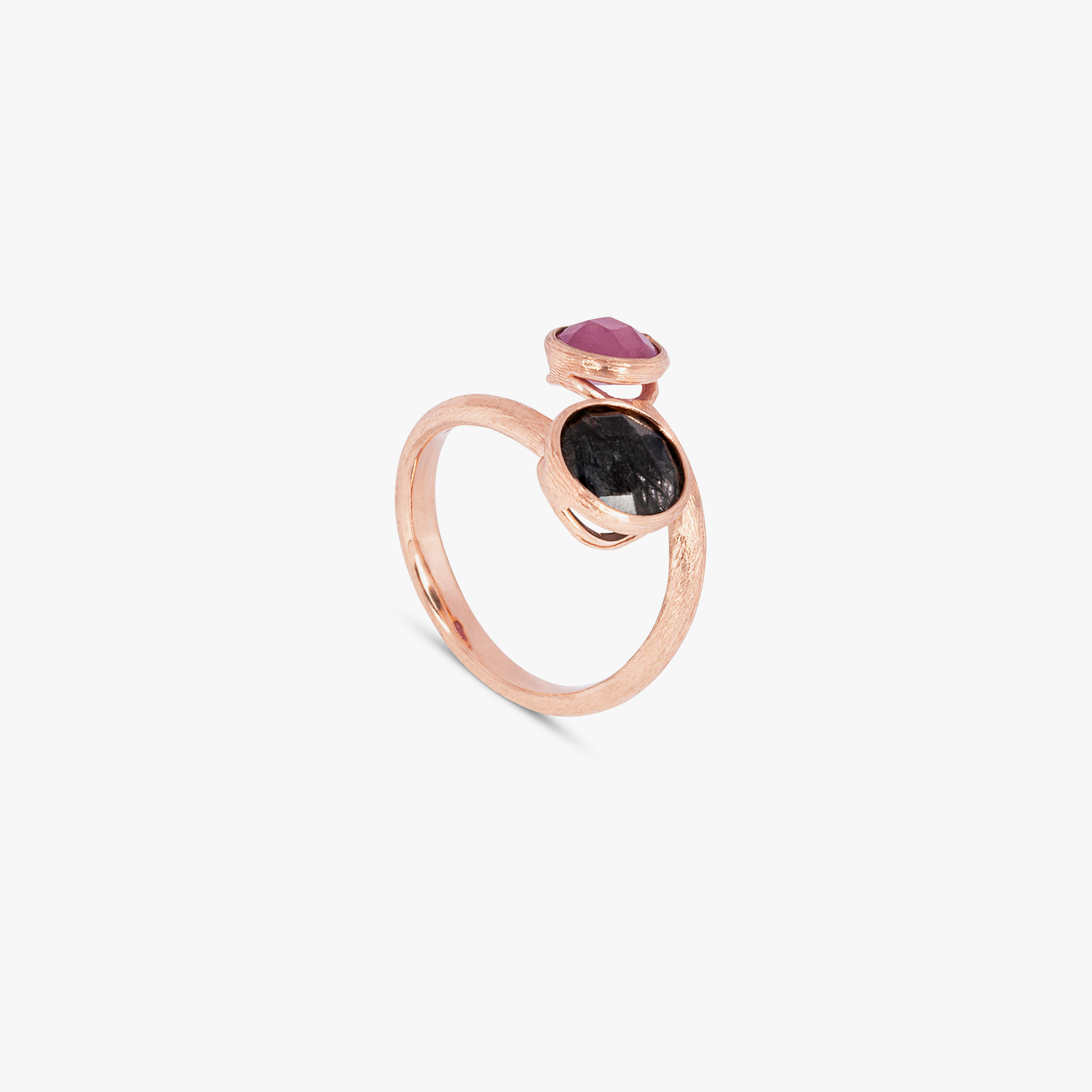 Kensington Ring In 14K Satin Rose God with Black Rutilated Quartz and Ruby Root