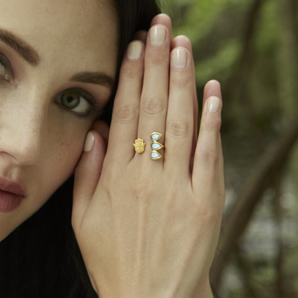 Blessed Insight Labradorite Hamsa Adjustable Ring