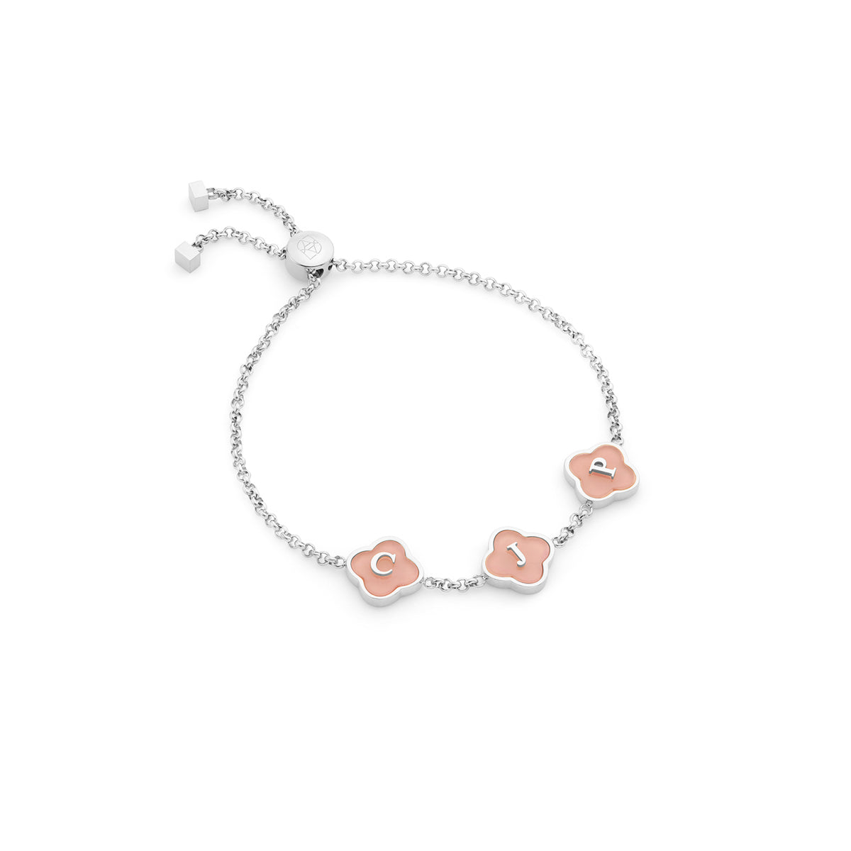 Rose Quartz Clover Custom Name Bracelet (Silver)