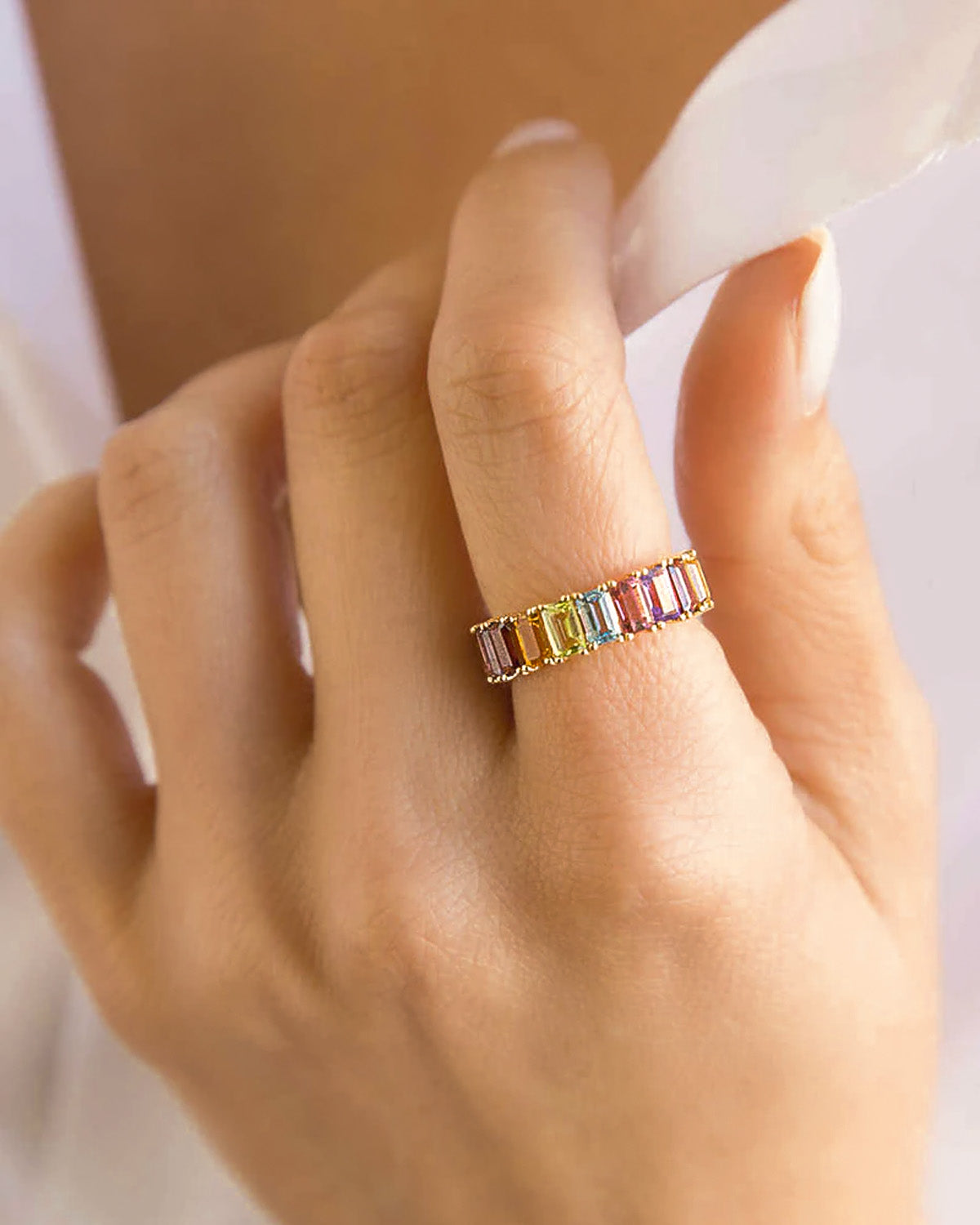 Rainbow Eternity Emerald Cut Ring