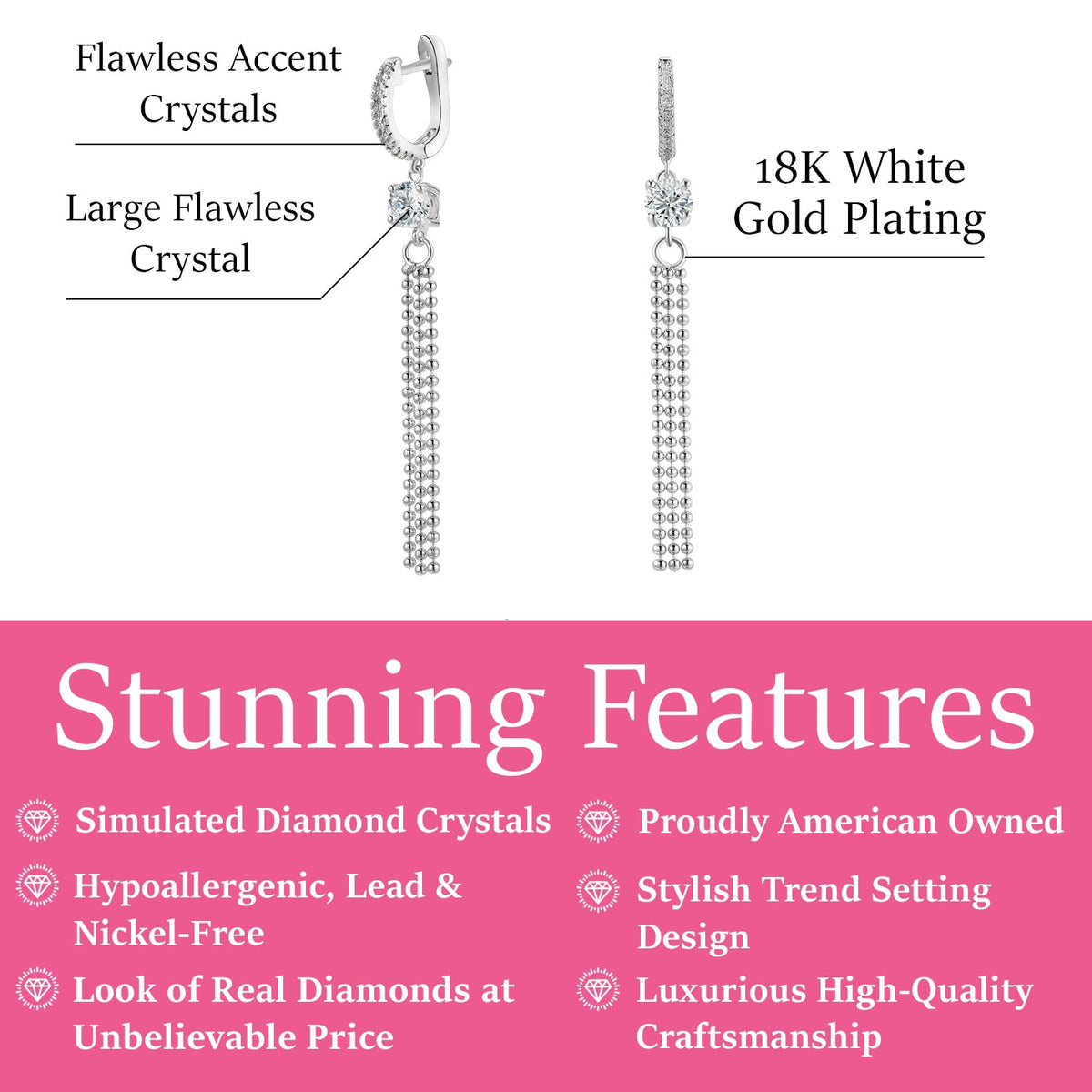 Raya 18k White Gold Plated Silver Hoop Dangle Earrings with Simulated Diamond Crystals — Final Sale