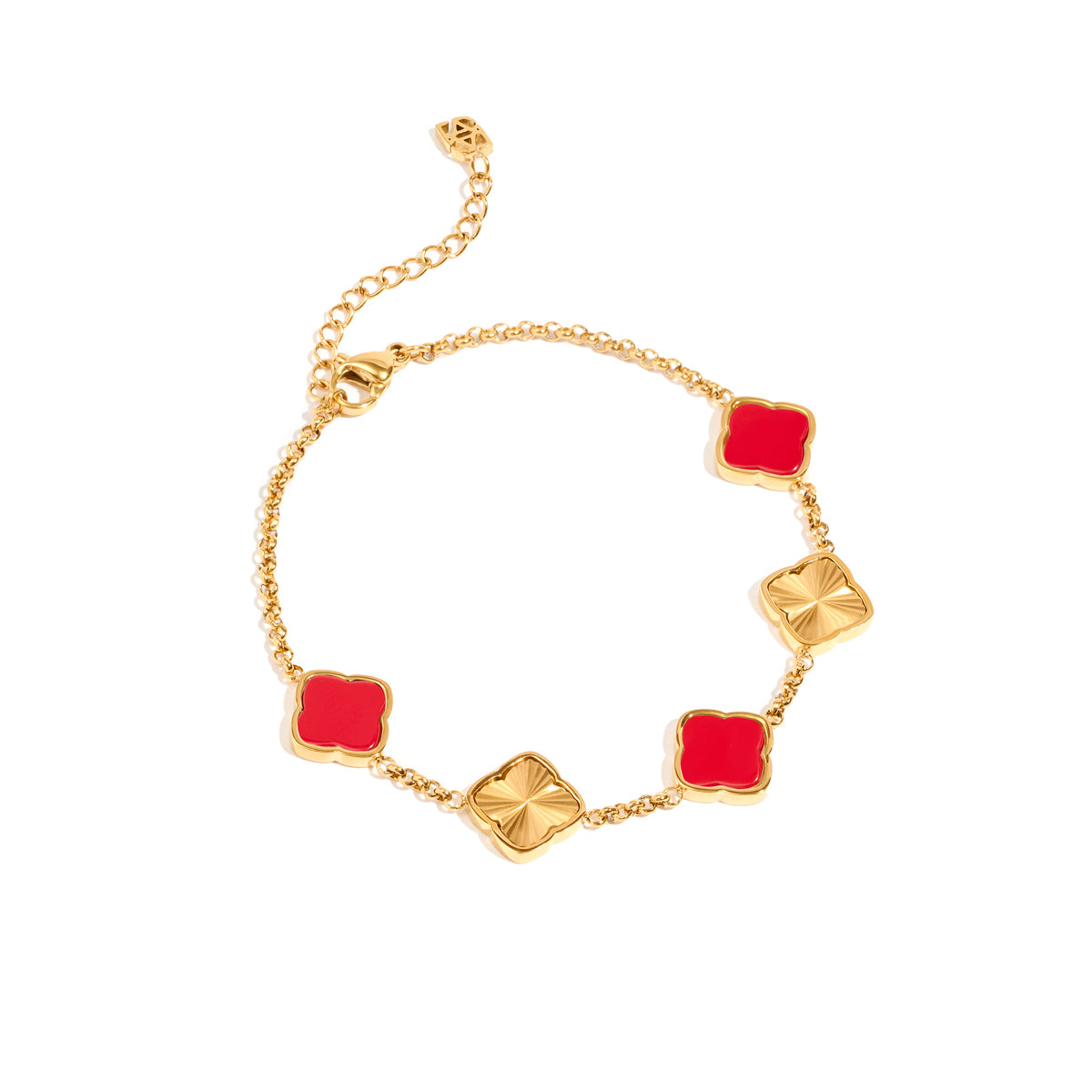 Red & Fluted Clover Bracelet (Gold)