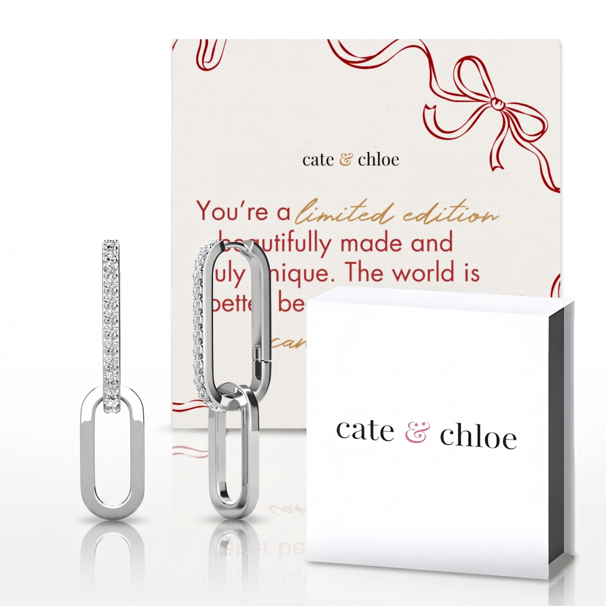 Remington 18k White Gold Plated Dangle Earrings & Limited Edition Ribbon Card
