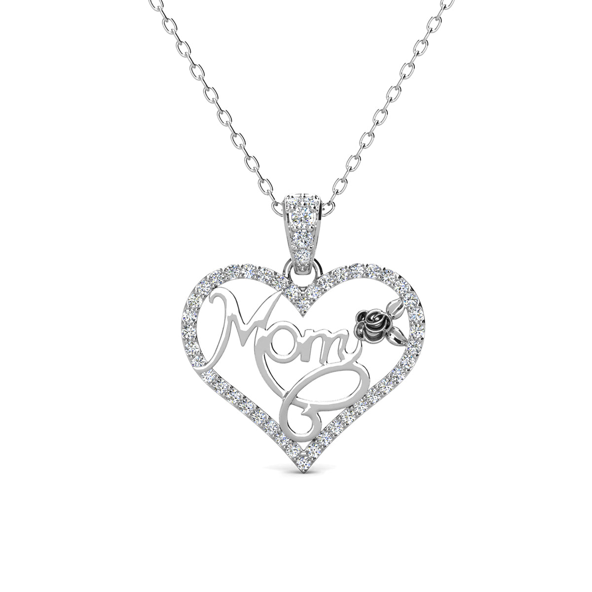 Rhonda 18k White Gold Plated Mom Heart Necklace with Swarovski Crystals