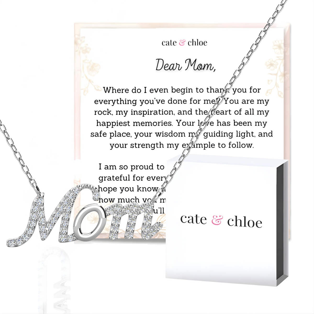 Riley 18k White Gold Plated Mom Necklace with Swarovski Crystals & Heartfelt Message for Mom