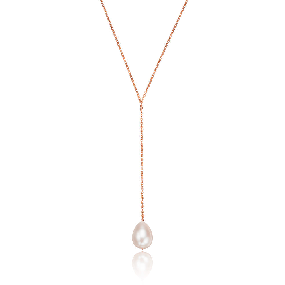 Rose Gold Large Pearl Lariat Necklace