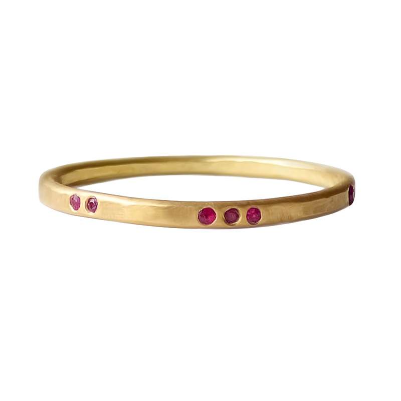 Ruby-Evie — Hammered 18ct Fairmined Gold Wedding Band with Rubies