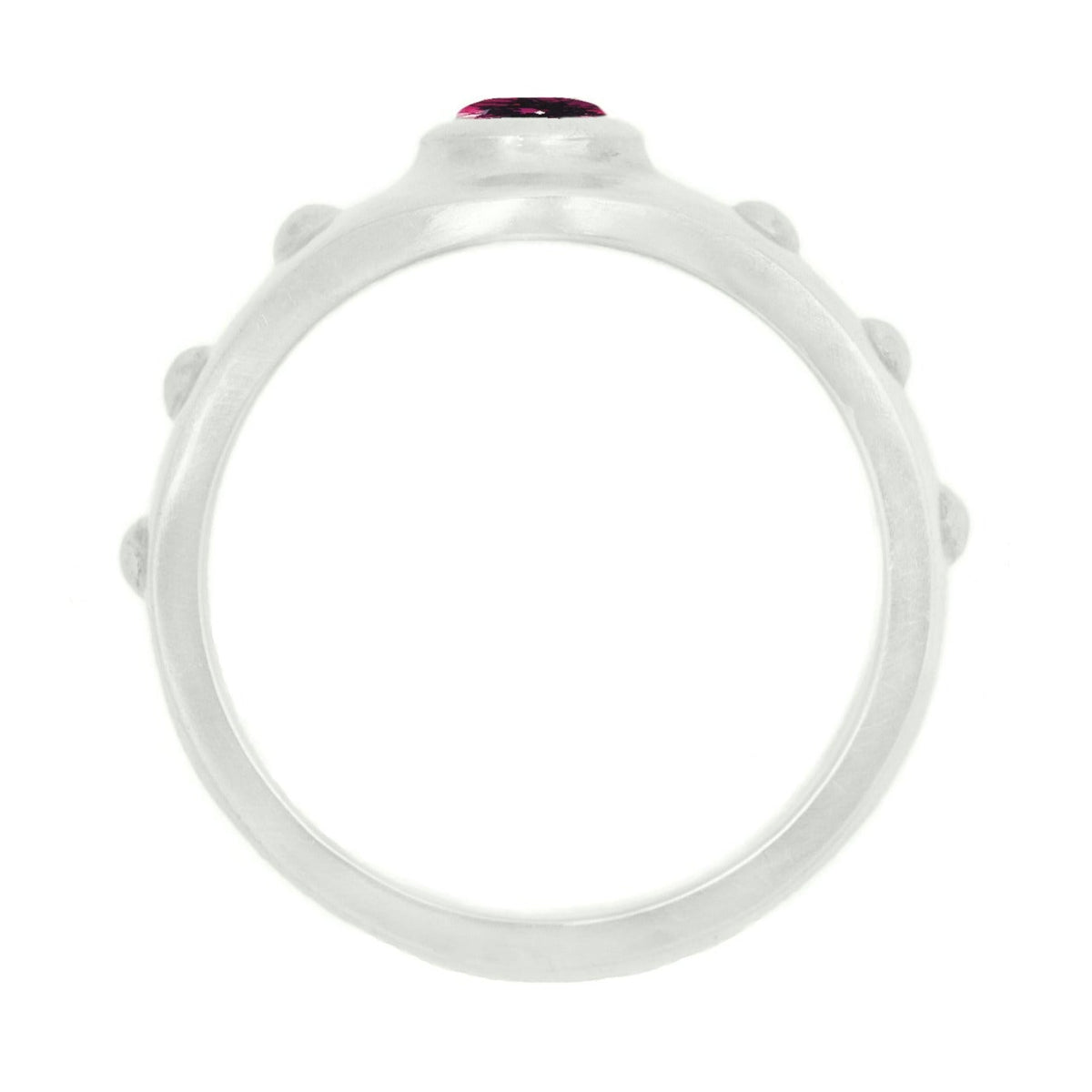 the memee beads ring in silver with a rhodolite garnet