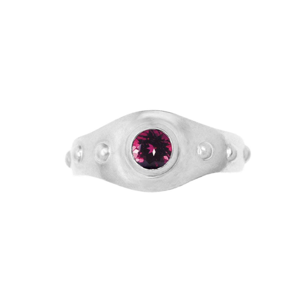 the memee beads ring in silver with a rhodolite garnet