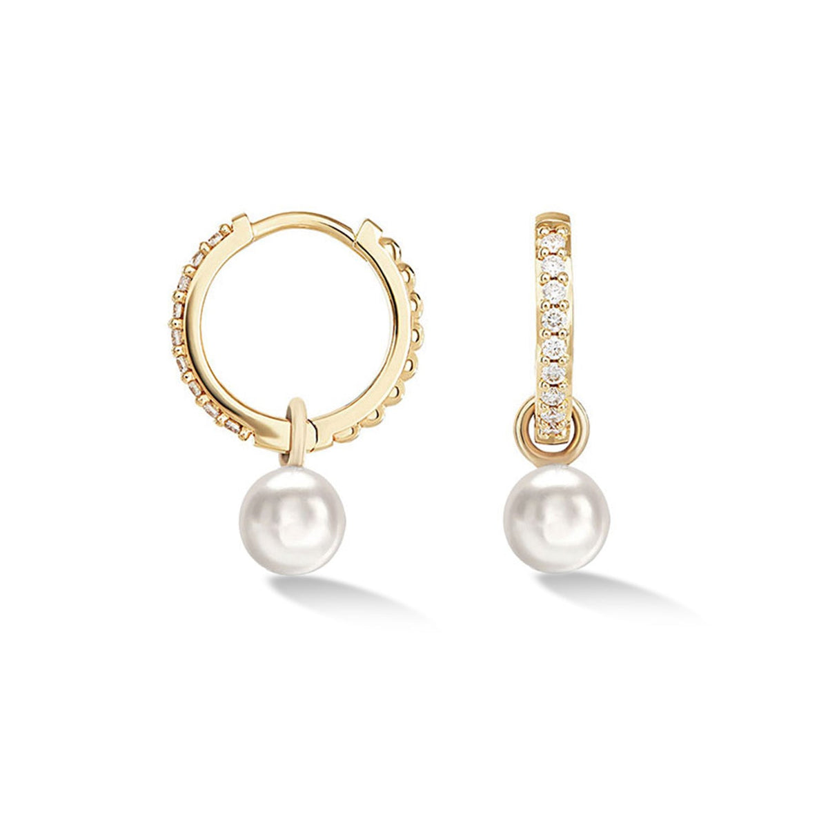 9k Diamond & Round Pearl Drop Hoops