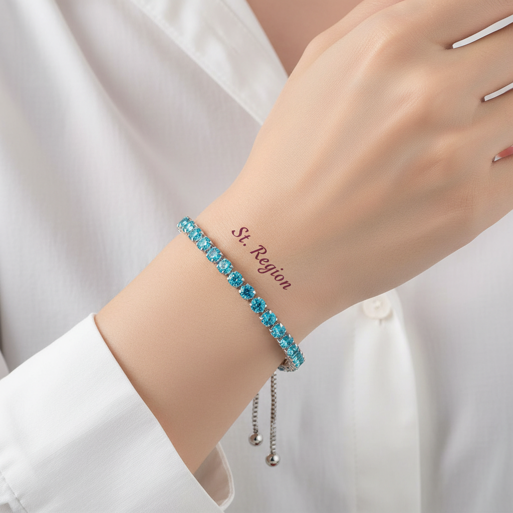Sea Blue Cubic Zirconia & Silver-Plated Adjustable Link Bracelet