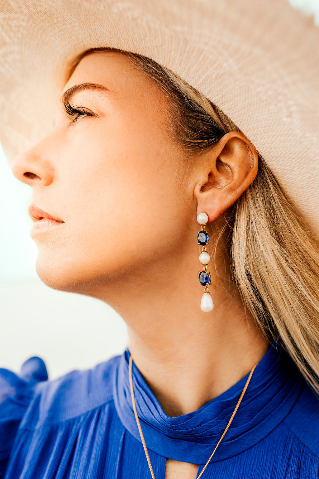 Kyanite and Pearl Long Drop Earrings