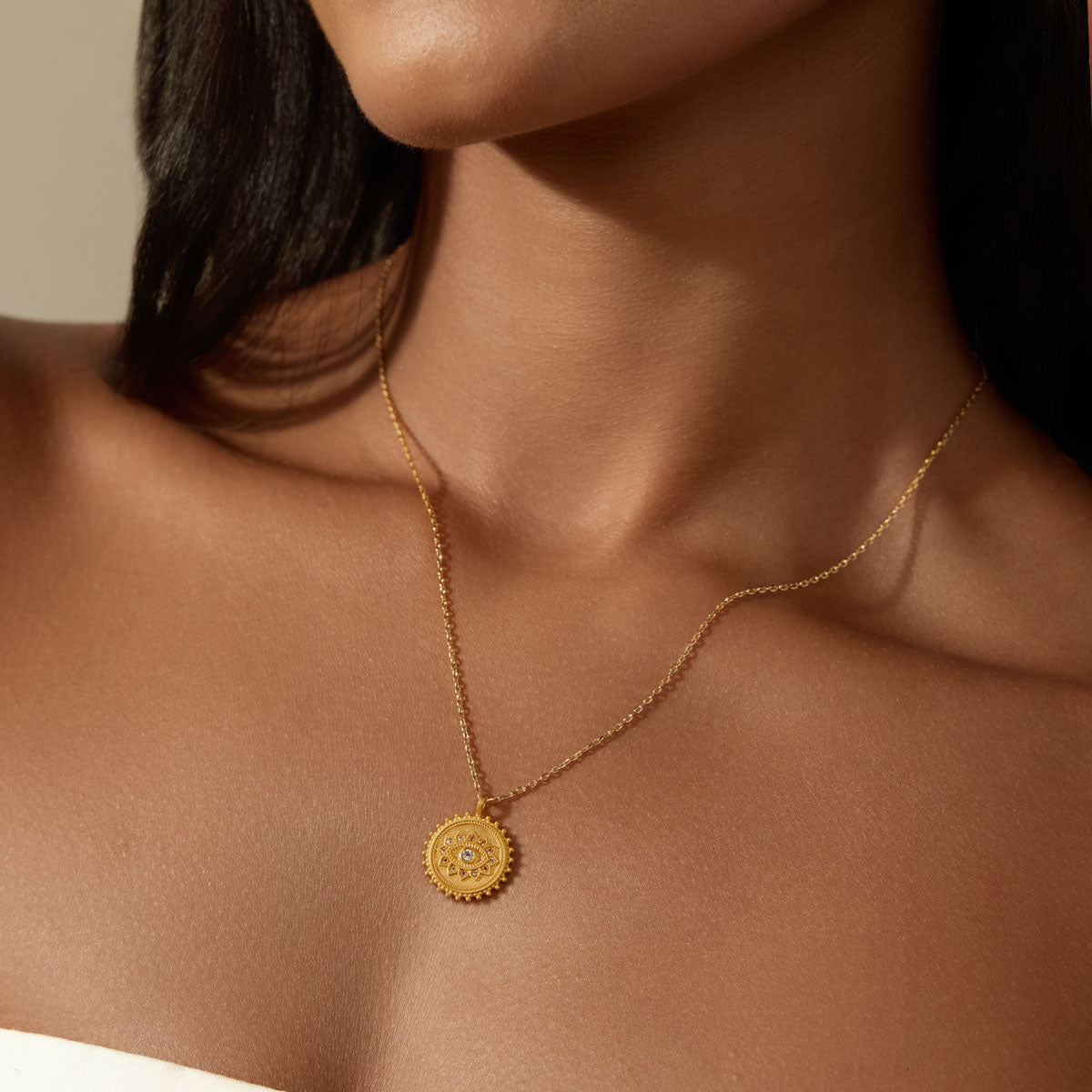 True Visionary White Topaz Evil Eye Coin Necklace
