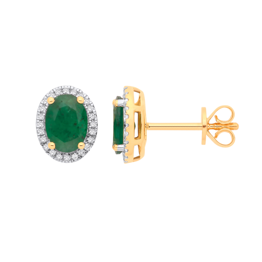 Yellow Gold Emerald Halo Stud Earrings