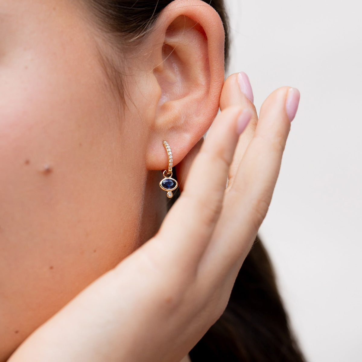 9k Diamond Stargazer Hoops with Blue Sapphire Oval Drops