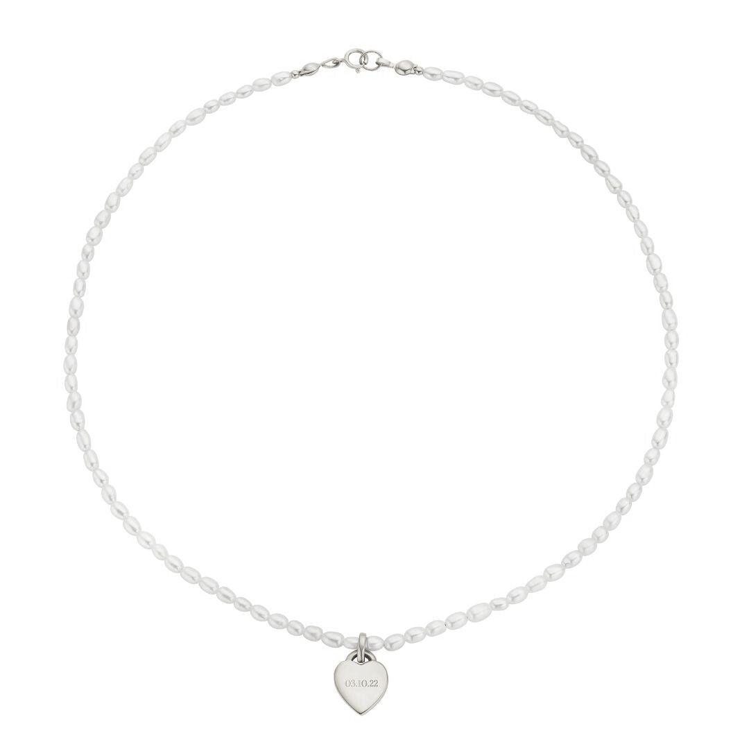 Silver Seed Pearl Engraved Heart Necklace
