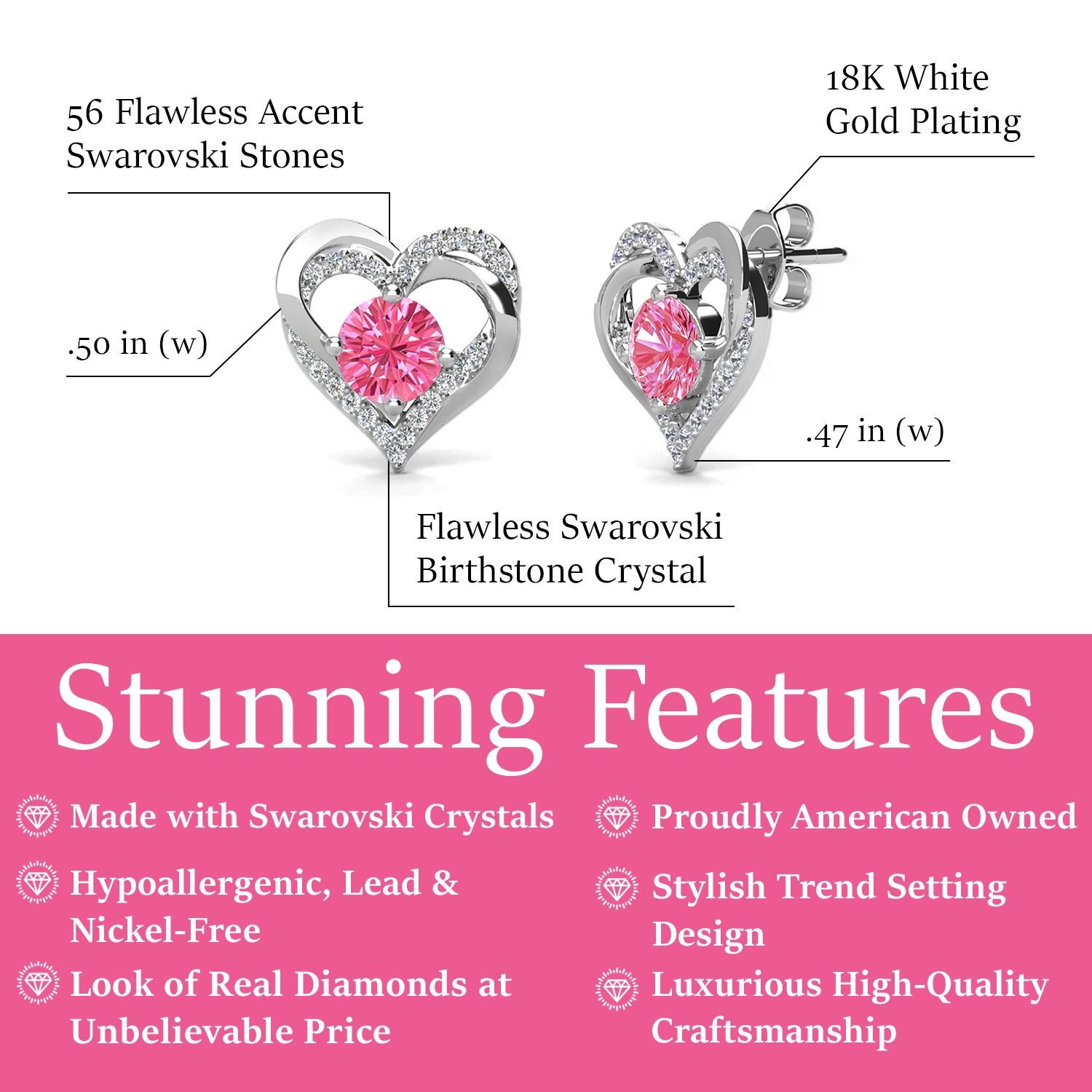 Forever October Birthstone Diamond 18k White Gold Plated Silver Double Heart Earrings with Swarovski Crystals