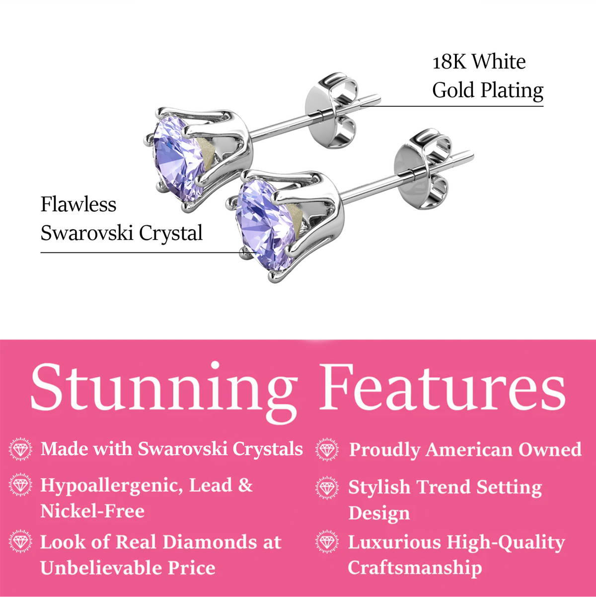 June Birthstone Alexandrite Earrings 18k White Gold Plated Stud Earrings with 1CT Swarovski Crystal