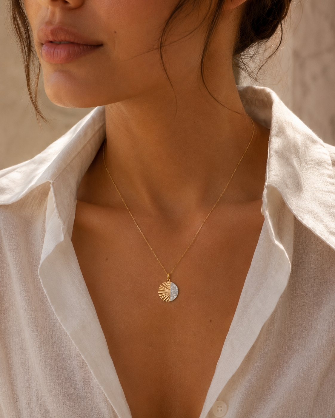 Gold Pave Diamond Fluted Sunburst Pendant