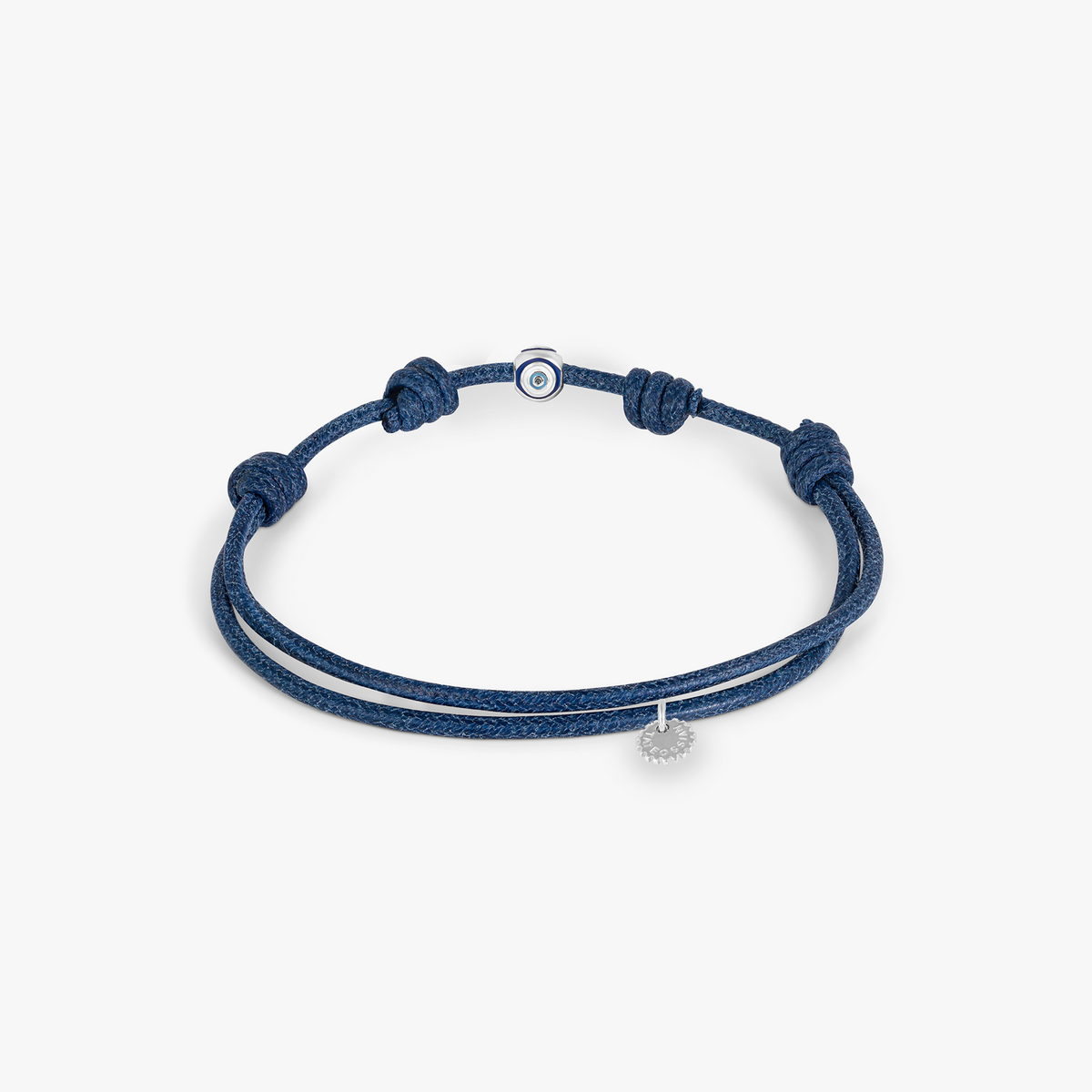 Protective Wax Cord Evil Eye Bracelet In Rhodium Plated Sterling Silver With Blue Enamel