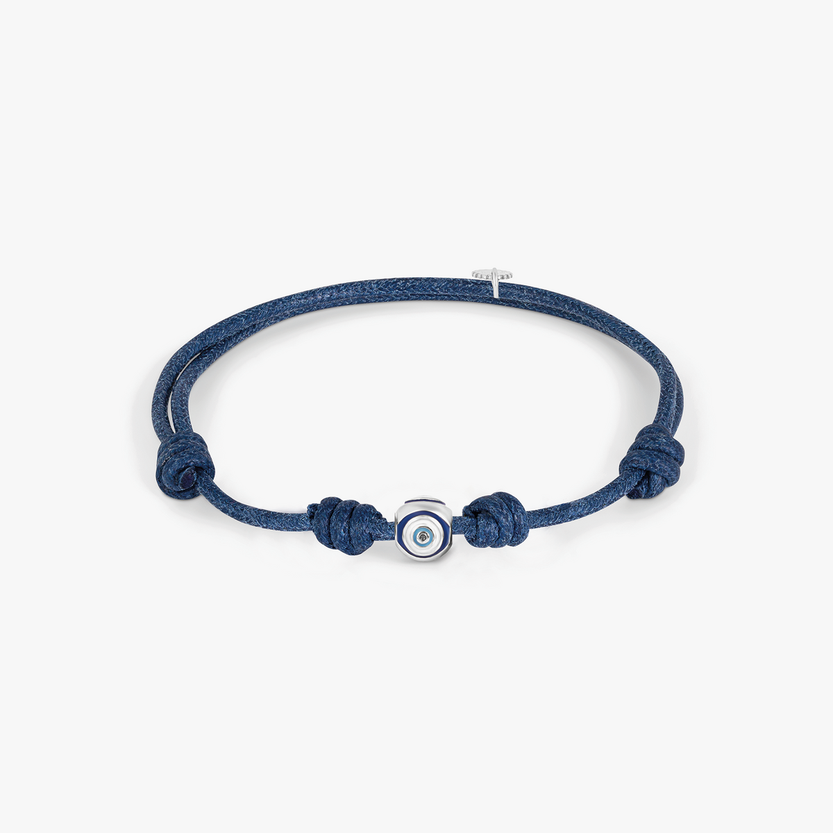 Protective Wax Cord Evil Eye Bracelet In Rhodium Plated Sterling Silver With Blue Enamel