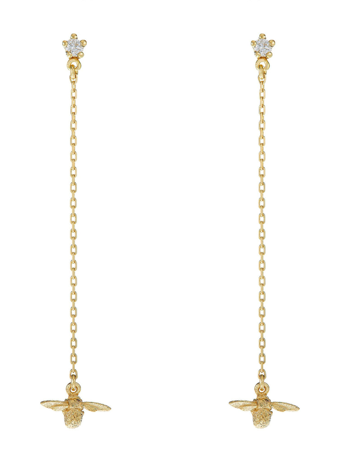 Diamond Stud Earrings with Fine Chain Bee Drops