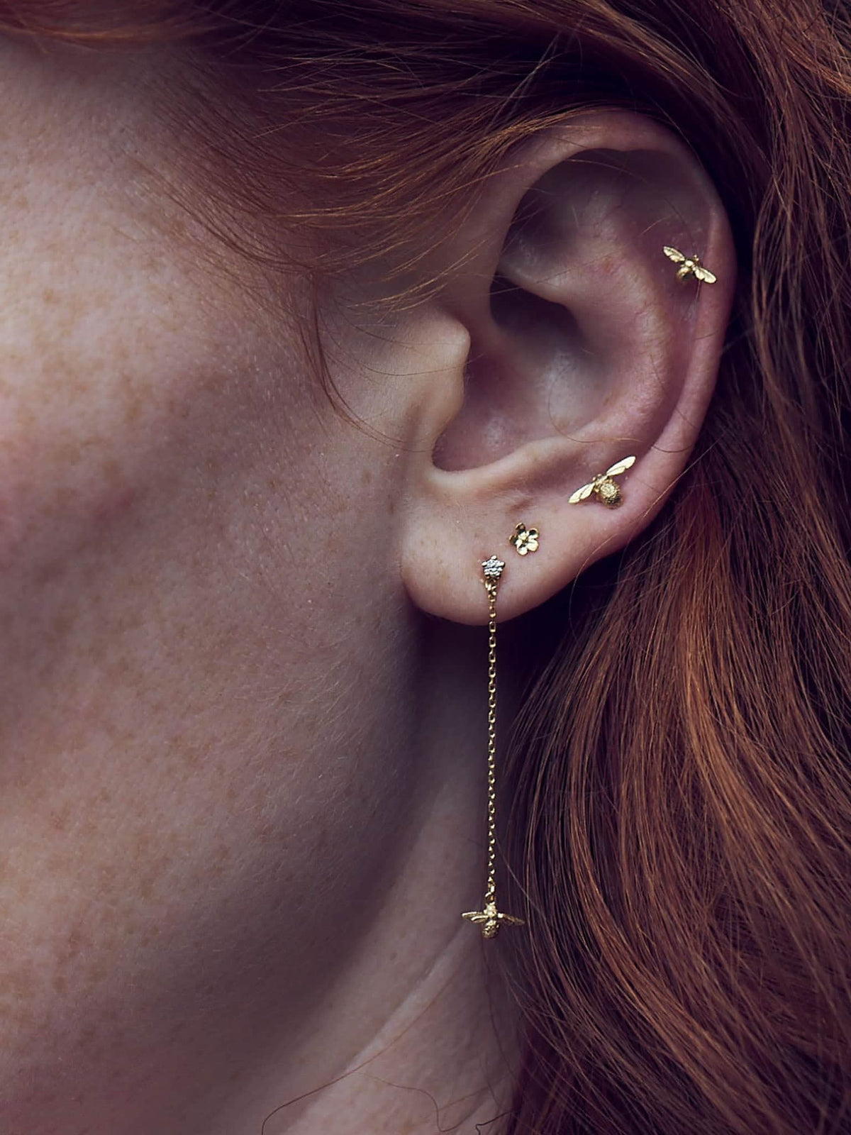 Diamond Stud Earrings with Fine Chain Bee Drops