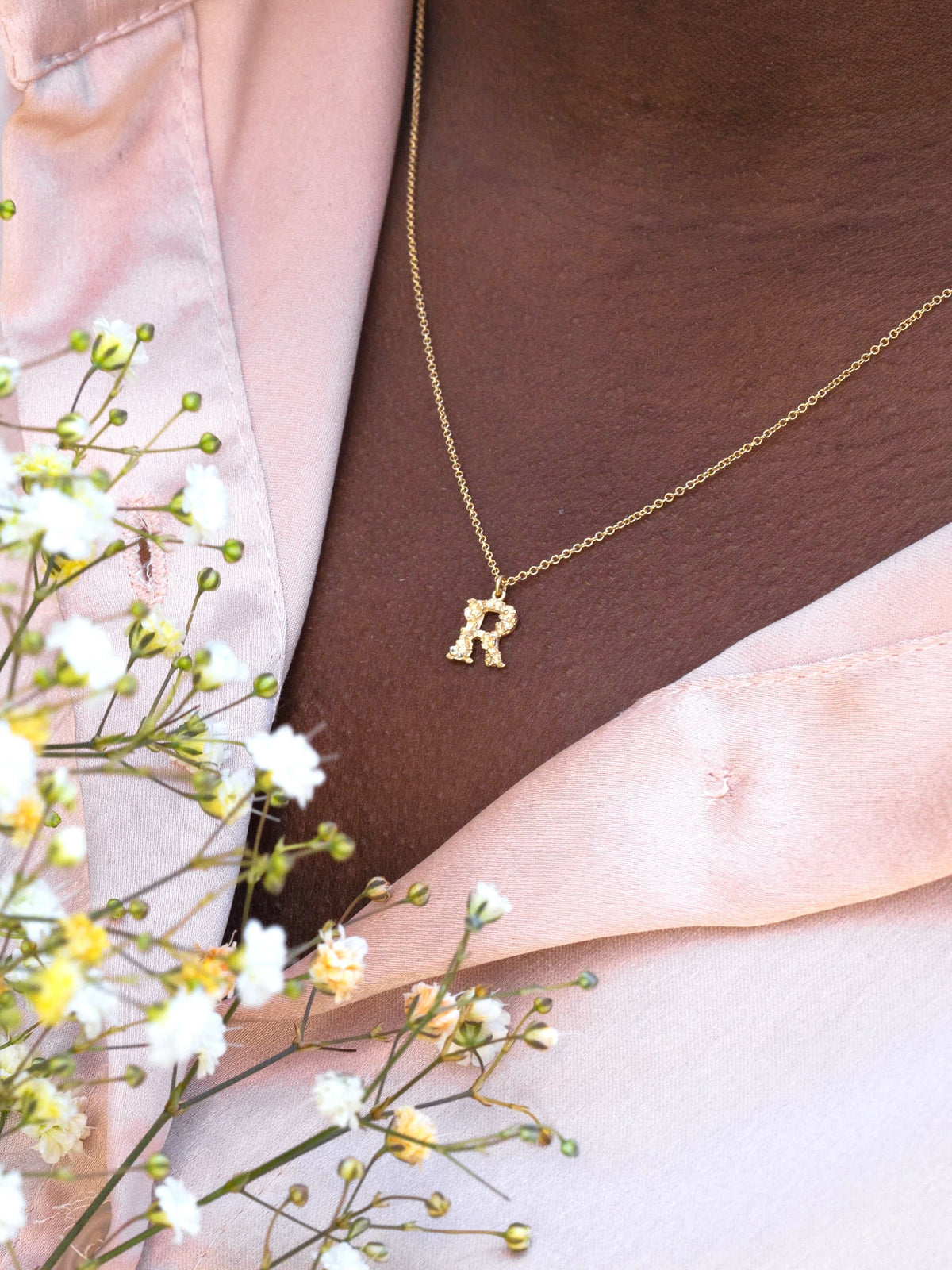Teeny Tiny Floral Letter R Necklace