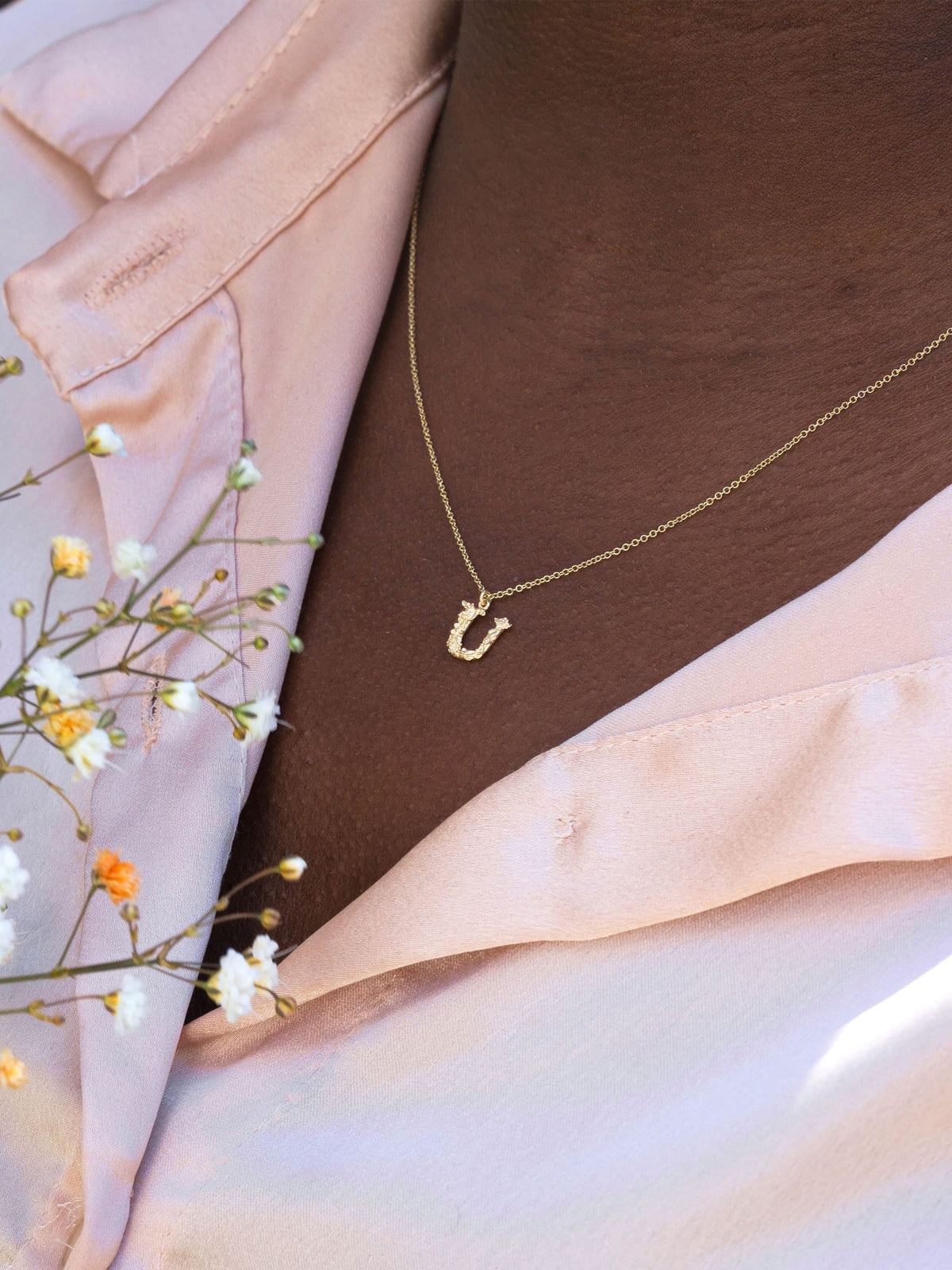 Teeny Tiny Floral Letter U Necklace