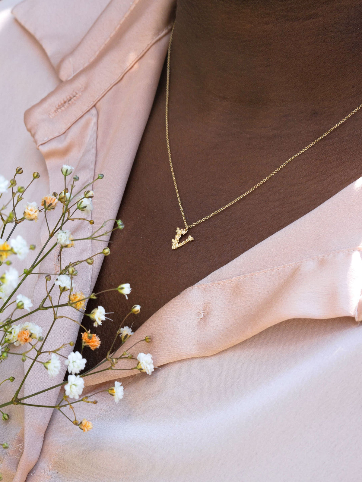 Teeny Tiny Floral Letter V Necklace