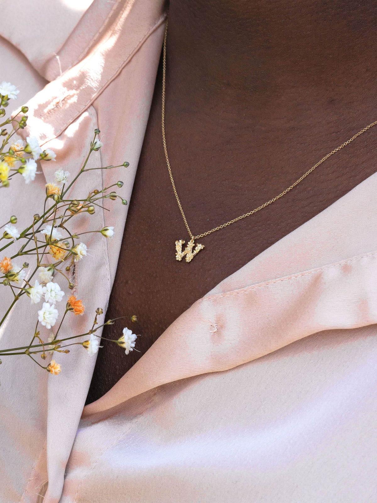 Teeny Tiny Floral Letter W Necklace