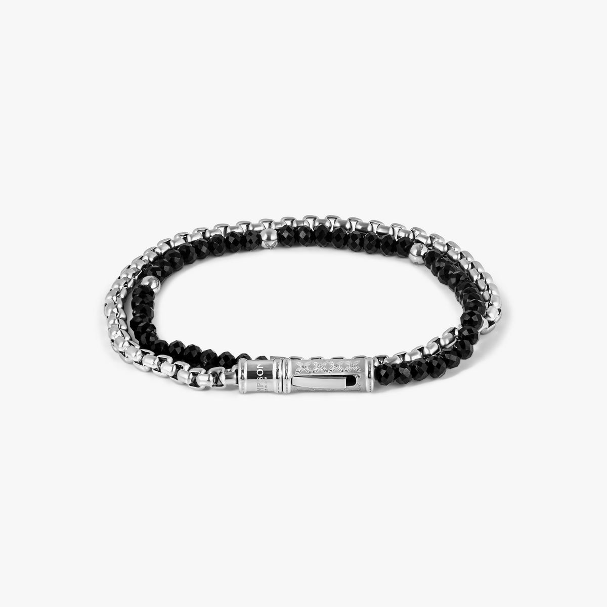 THOMPSON Lucky Clover Double Wrap Bracelet In Black Agate With Stainless Steel