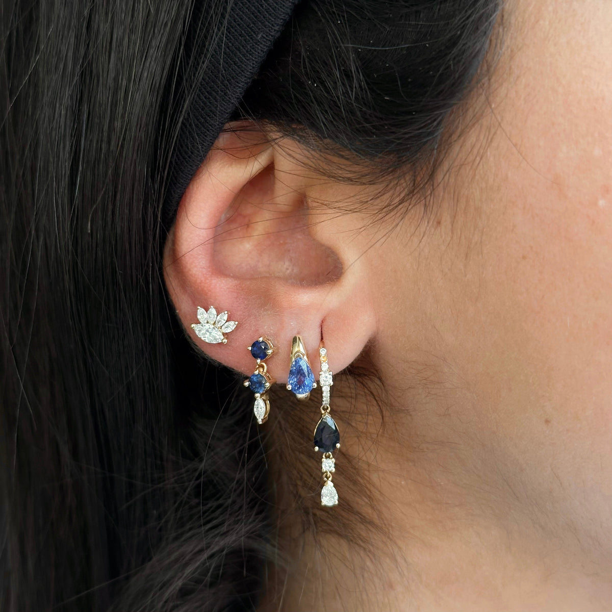 Gold Blue Sapphire Pear Hoop Earring