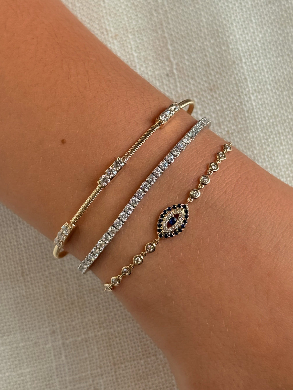 Gold Diamond Blue Sapphire Evil Eye Bezel Bracelet